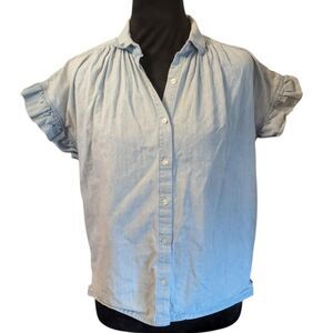 Trovata Birds of Paradis  Light Wash Chambray Ruffle Sleeve Shirt, Size XS